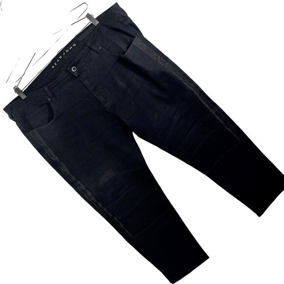 SEAN JOHN! RICH BLACK SIDE STRIPE, KNEE DETAIL DENIM 5 POCKET JEANS! SZ 44 X 29 - Picture 1 of 12